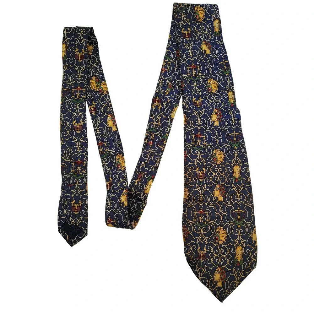 Christian Dior Monsieur Silk Tie Navy Blue Gold Mythological Motif Made in Italy